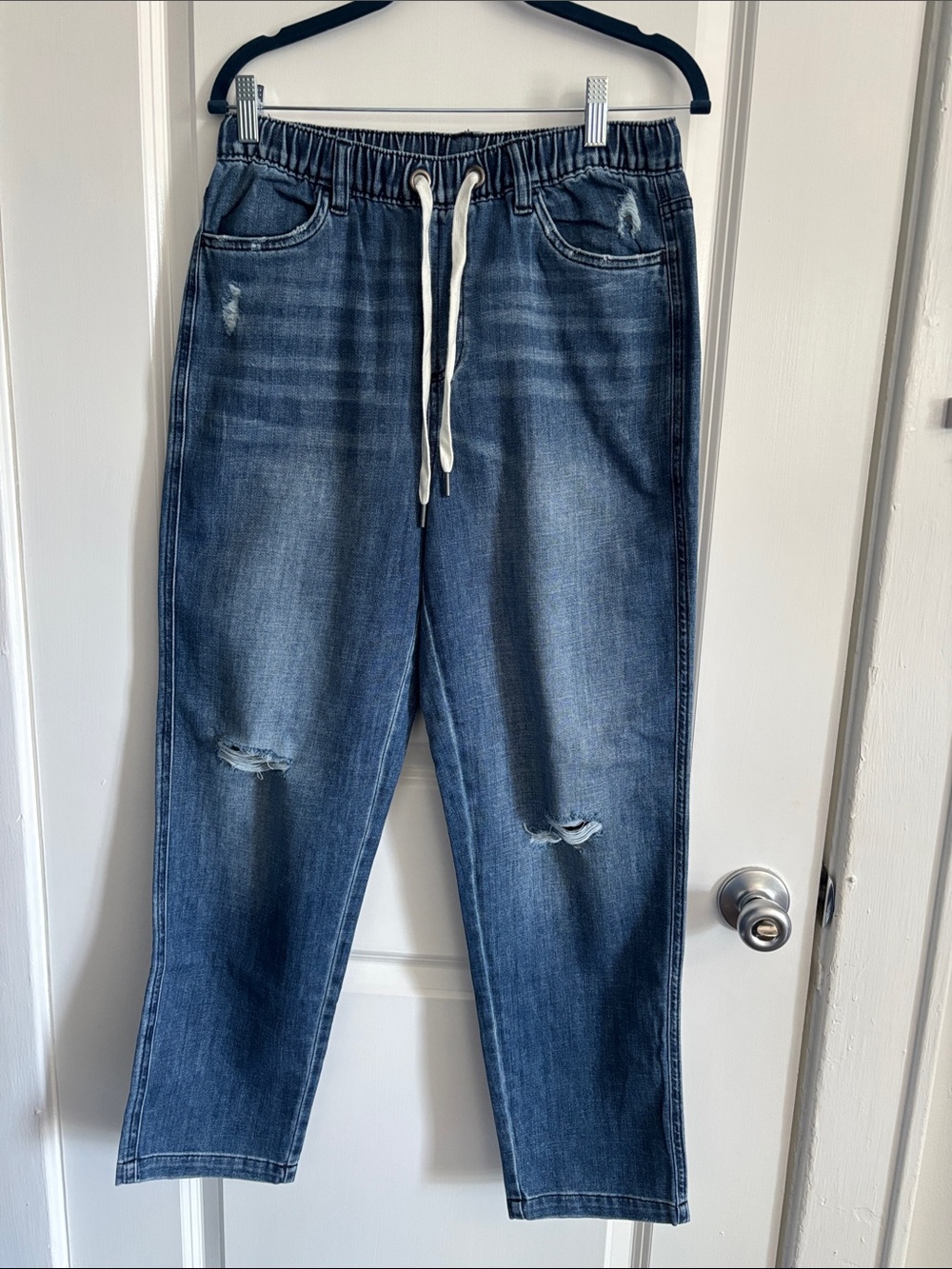 aerie Relaxed Drawstring Distressed Blue Jeans